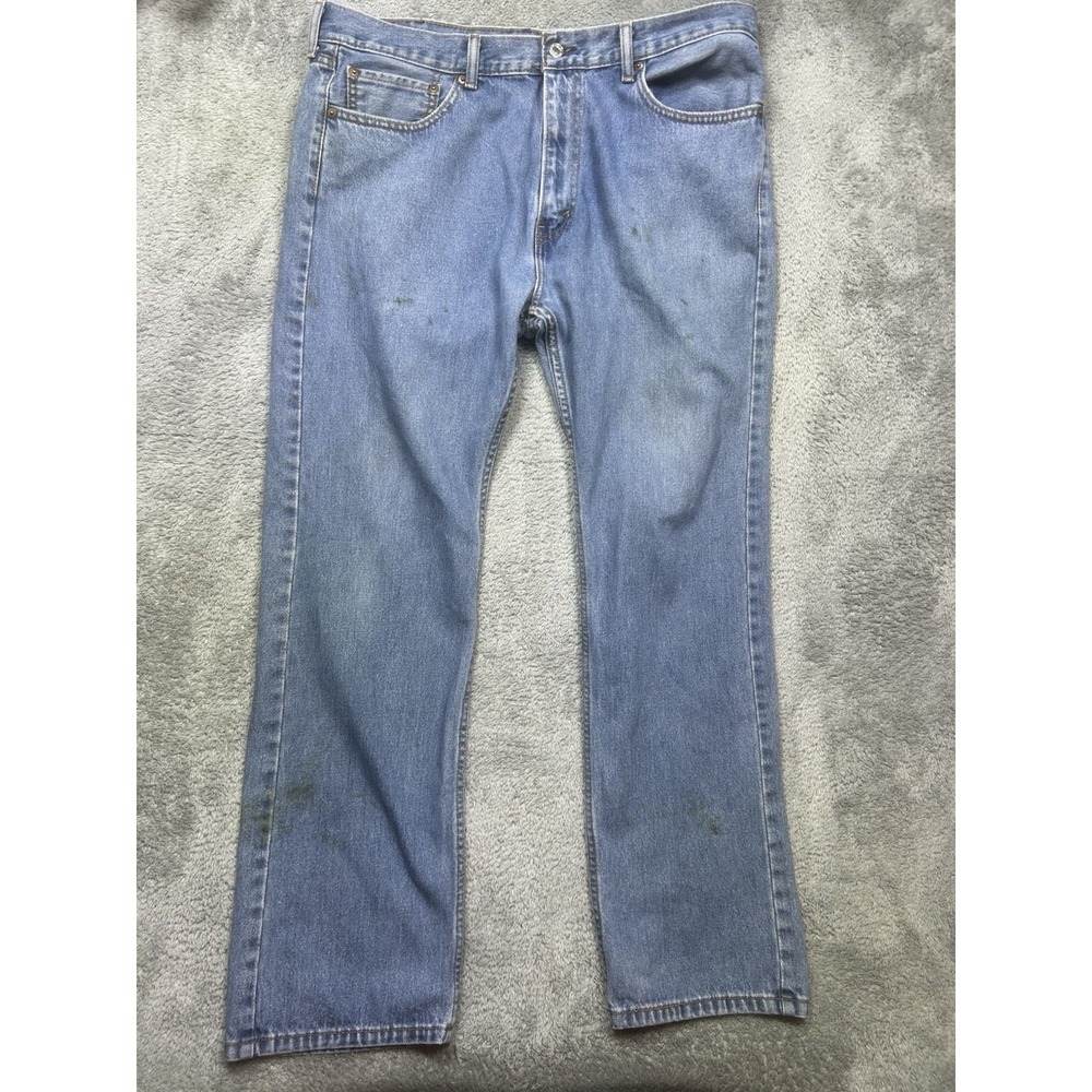 Levis 505 Jeans Mens 38x32 Blue Denim Light Wash Distressed Faded Worn SPOTS
